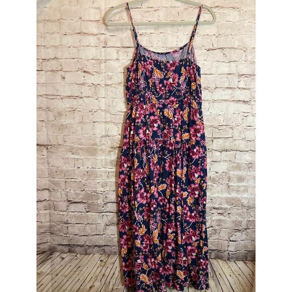Old Navy Linen Midi Dress Womens Medium Navy & Purple Floral Babydoll Tiered - Picture 13 of 15